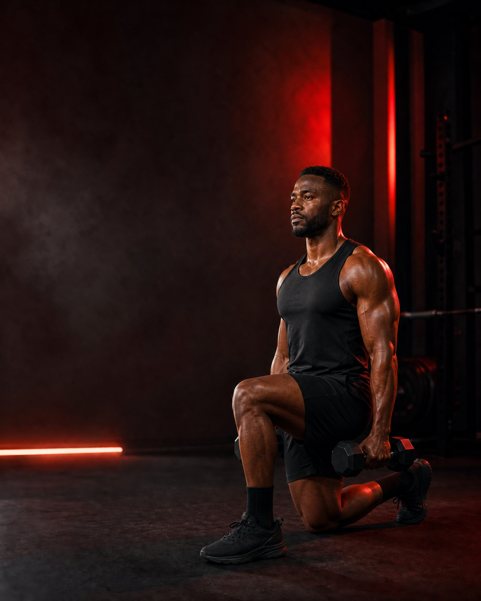 Muscular Black male athlete performing a dumbbell lunge in a dark training studio
